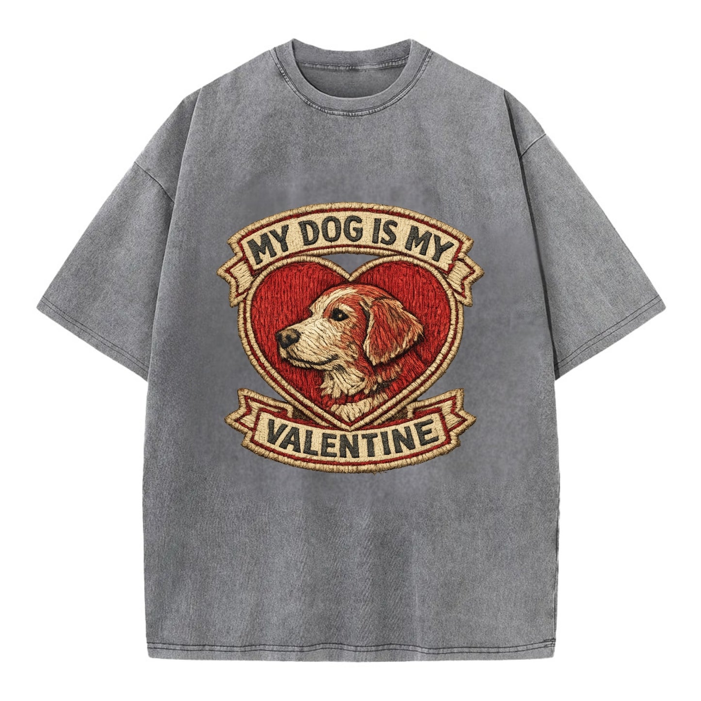MY DOG IS MY VALENTINE - heart with dog in red , single pet owner - Vintage T-shirt - Grey