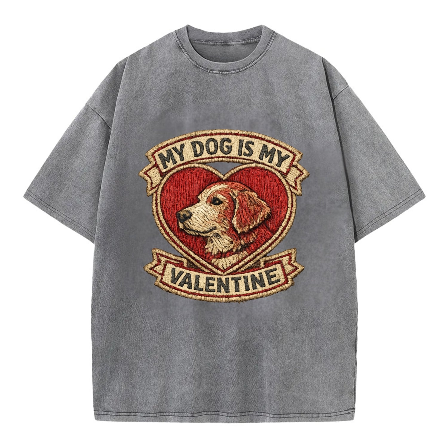 MY DOG IS MY VALENTINE - heart with dog in red , single pet owner - Vintage T-shirt - Grey