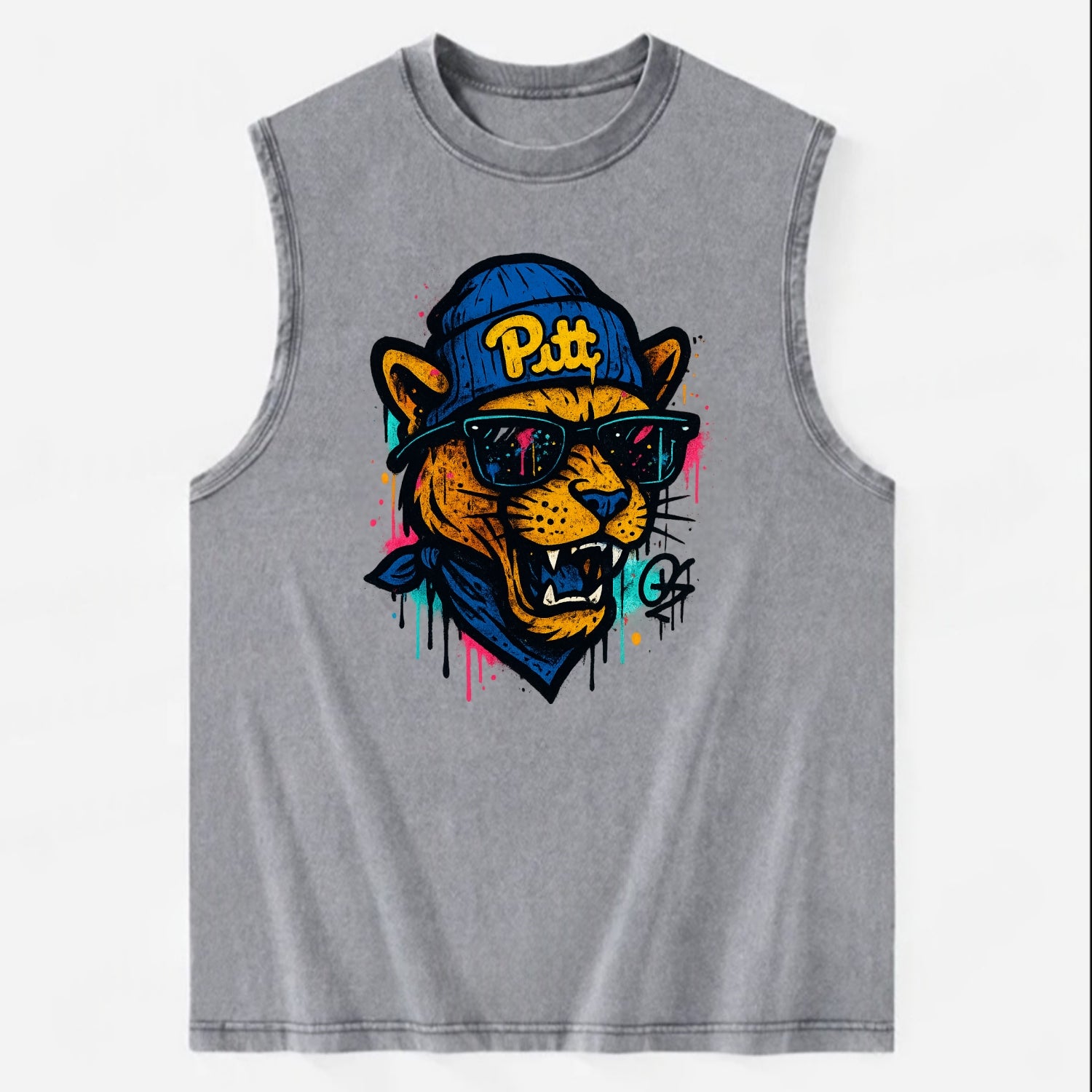 Pittsburgh Panther wearing Pitt beanie with script patch - Vintage Washed Tank - Grey