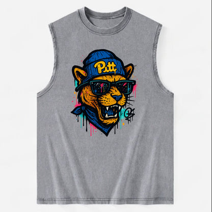Pittsburgh Panther wearing Pitt beanie with script patch - Vintage Washed Tank - Grey