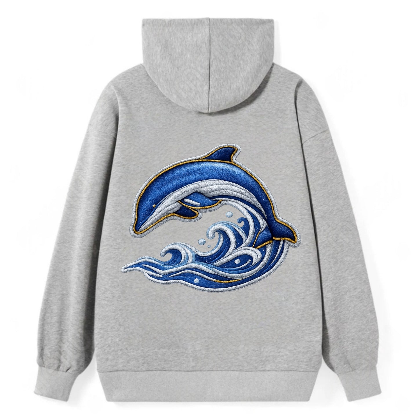 Embroidered patch design - SWIMMING DOLPHIN - diving dolphin with waves - Classic Pullover Hoodie - Grey