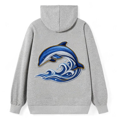 Embroidered patch design - SWIMMING DOLPHIN - diving dolphin with waves - Classic Pullover Hoodie - Grey