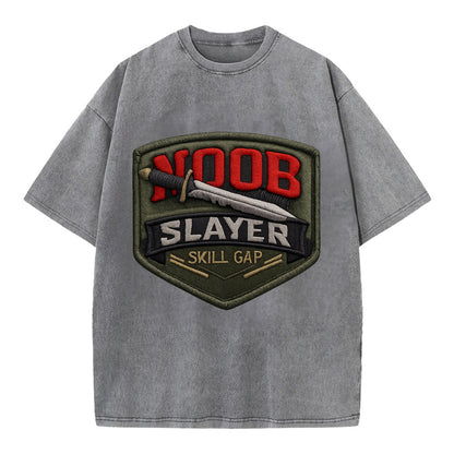 NOOB SLAYER - sword through noob text in red and silver , skill gap - Vintage T-shirt - Grey