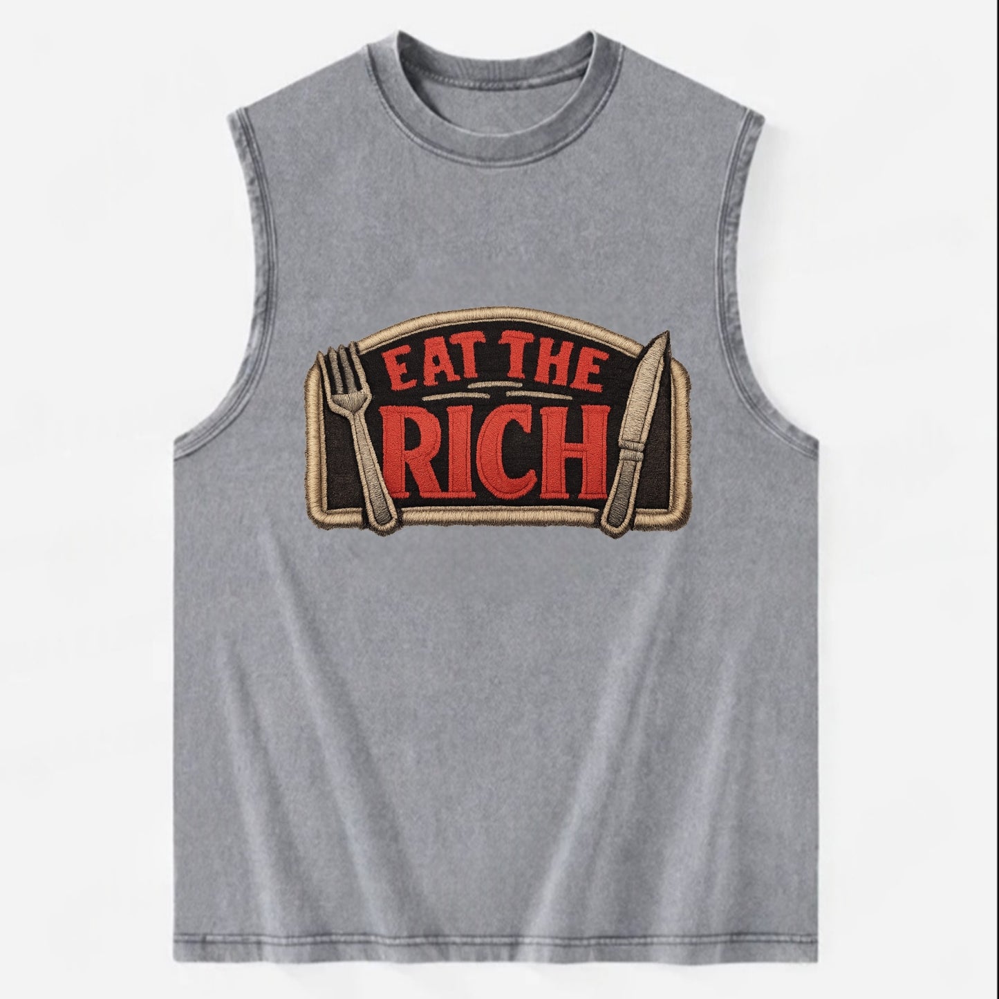 EAT THE RICH - fork and knife with text in red and silver , class war - Vintage Washed Tank - Grey