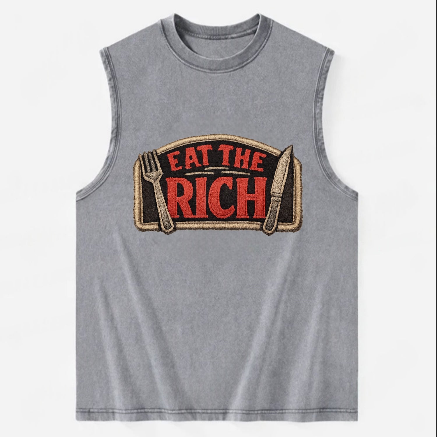 EAT THE RICH - fork and knife with text in red and silver , class war - Vintage Washed Tank - Grey