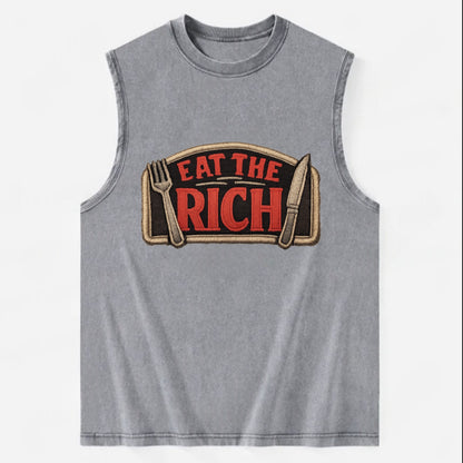 EAT THE RICH - fork and knife with text in red and silver , class war - Vintage Washed Tank - Grey