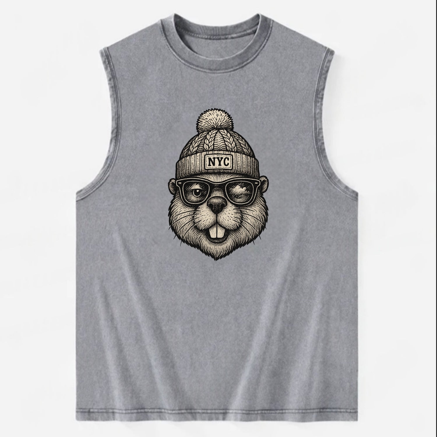 New York Beaver wearing NYC beanie with pom pom and wayfarer sunglasses - Vintage Washed Tank - Grey