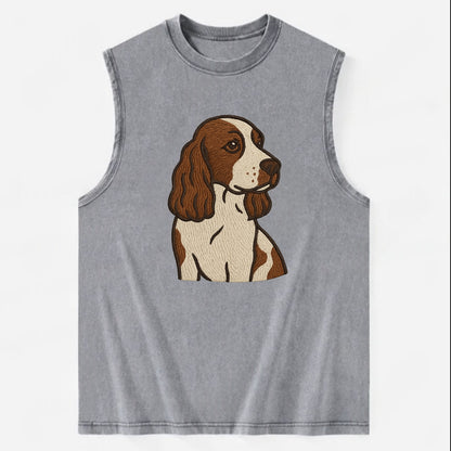 English Cocker Spaniel - Liver and white embroidered design - Vintage Washed Tank - Grey
