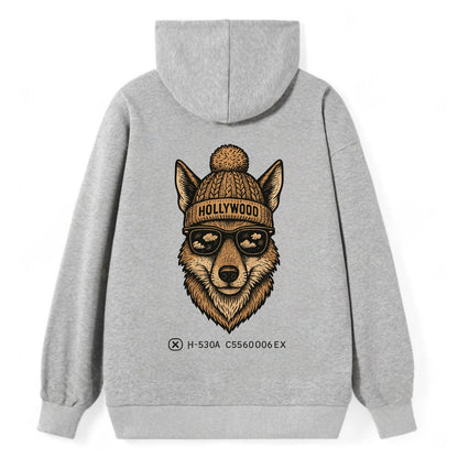 LA Coyote wearing Hollywood beanie with pom pom and wayfarer sunglasses - Classic Pullover Hoodie - Grey