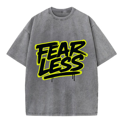 Bold typography design - "FEARLESS" - courage, bravery, facing challenges head on - Vintage T-shirt - Grey