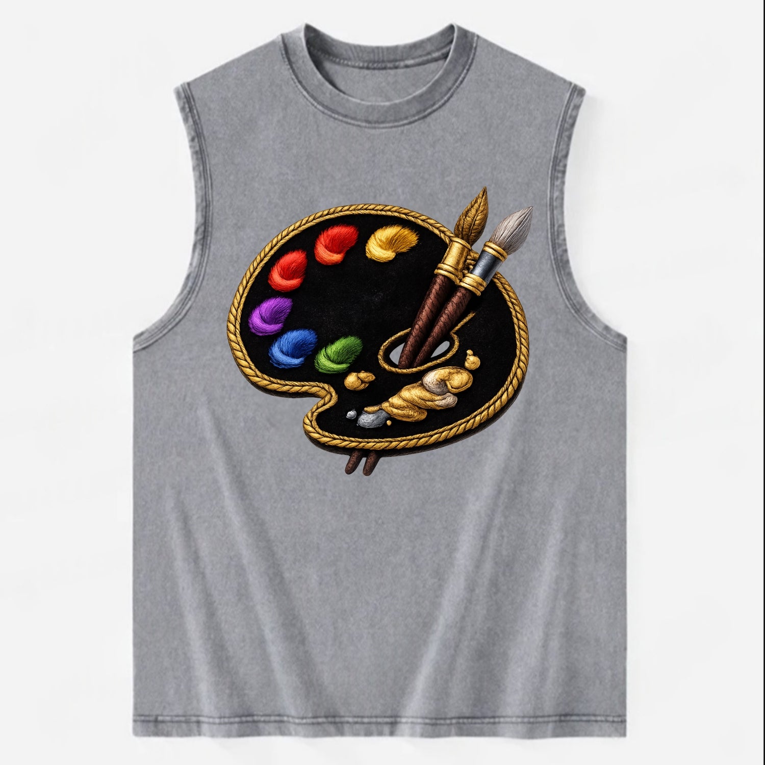 PAINT PALETTE - artist palette with brushes in rainbow and brown , creative - Vintage Washed Tank - Grey