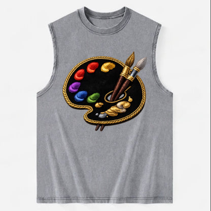 PAINT PALETTE - artist palette with brushes in rainbow and brown , creative - Vintage Washed Tank - Grey