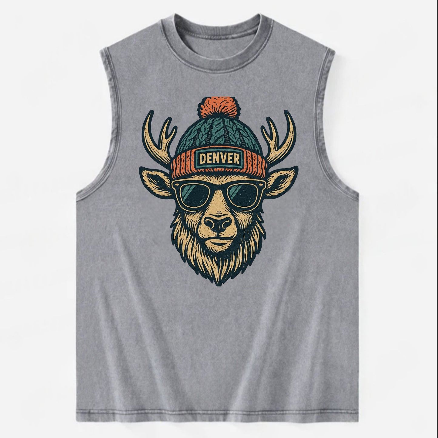 Denver Elk wearing Denver beanie with pom pom and wayfarer sunglasses - Vintage Washed Tank - Grey