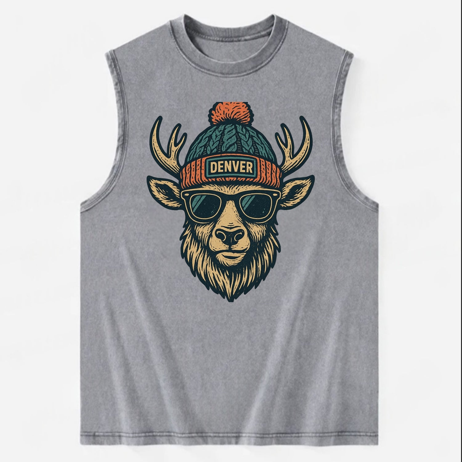 Denver Elk wearing Denver beanie with pom pom and wayfarer sunglasses - Vintage Washed Tank - Grey