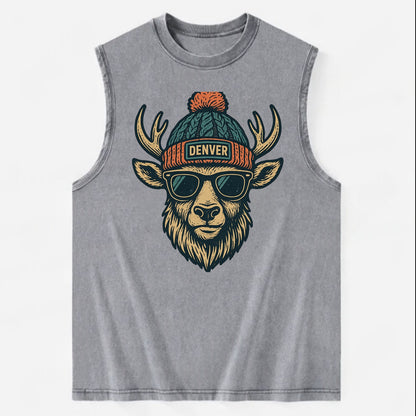 Denver Elk wearing Denver beanie with pom pom and wayfarer sunglasses - Vintage Washed Tank - Grey
