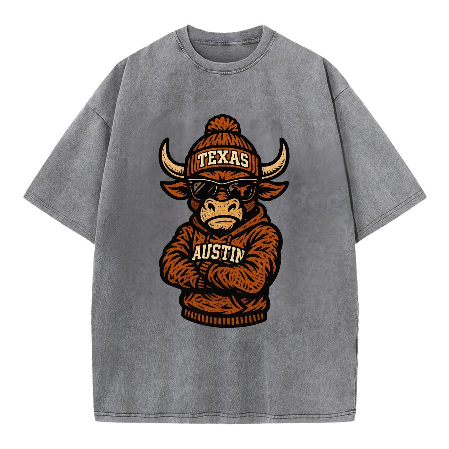 Austin Bevo wearing Texas beanie with longhorn patch - Vintage T-shirt - Grey