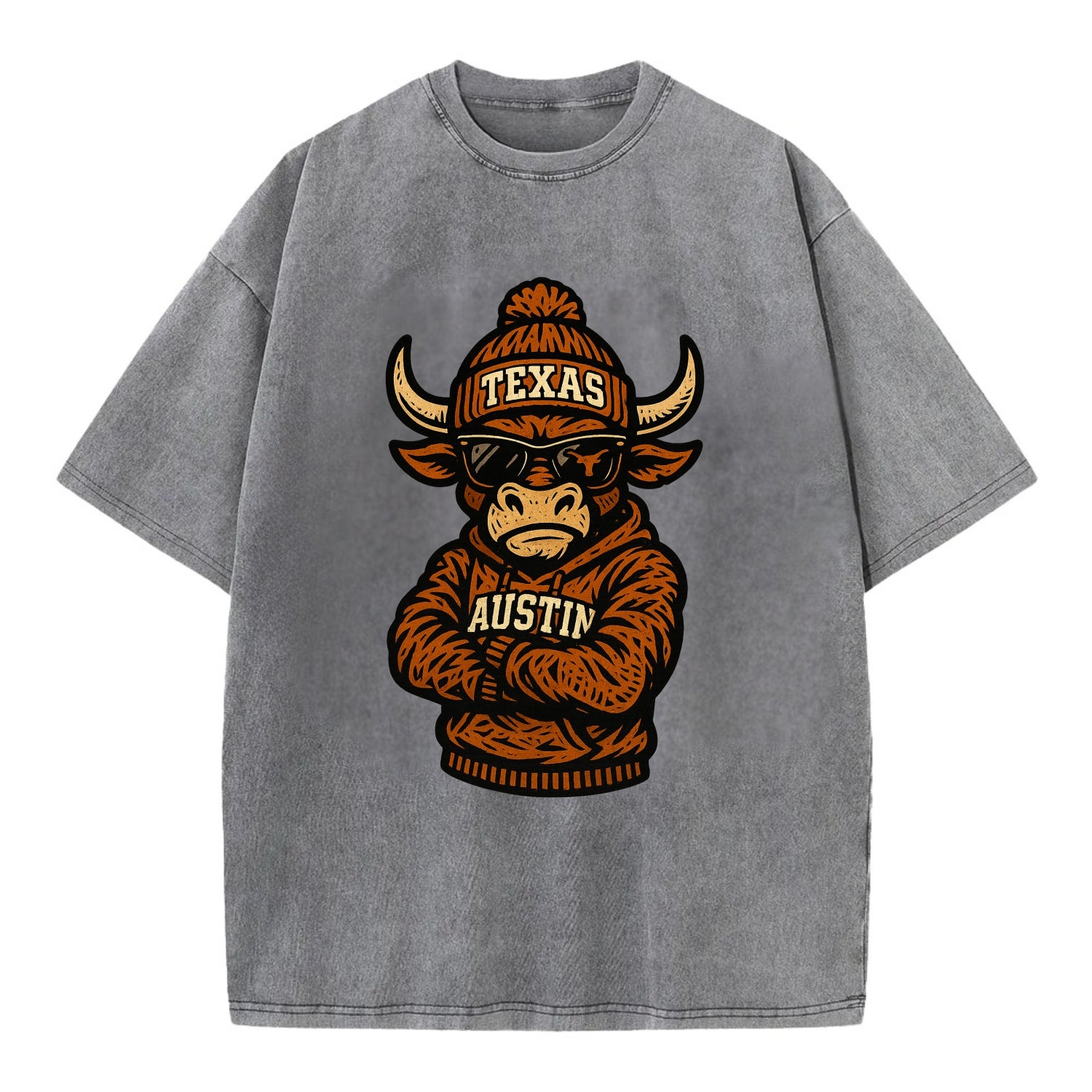 Austin Bevo wearing Texas beanie with longhorn patch - Vintage T-shirt - Grey