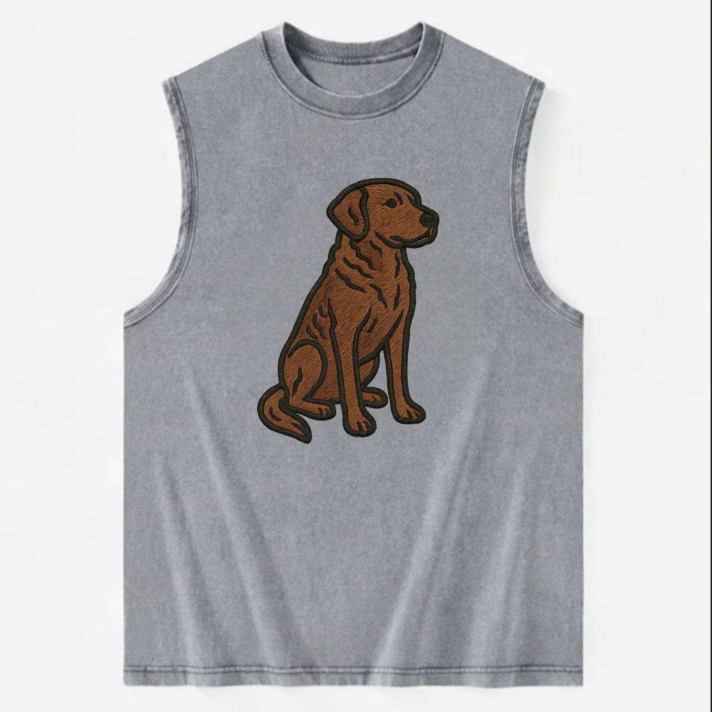 Chesapeake Bay Retriever - Brown wavy coat embroidered sitting pose - Vintage Washed Tank - Grey