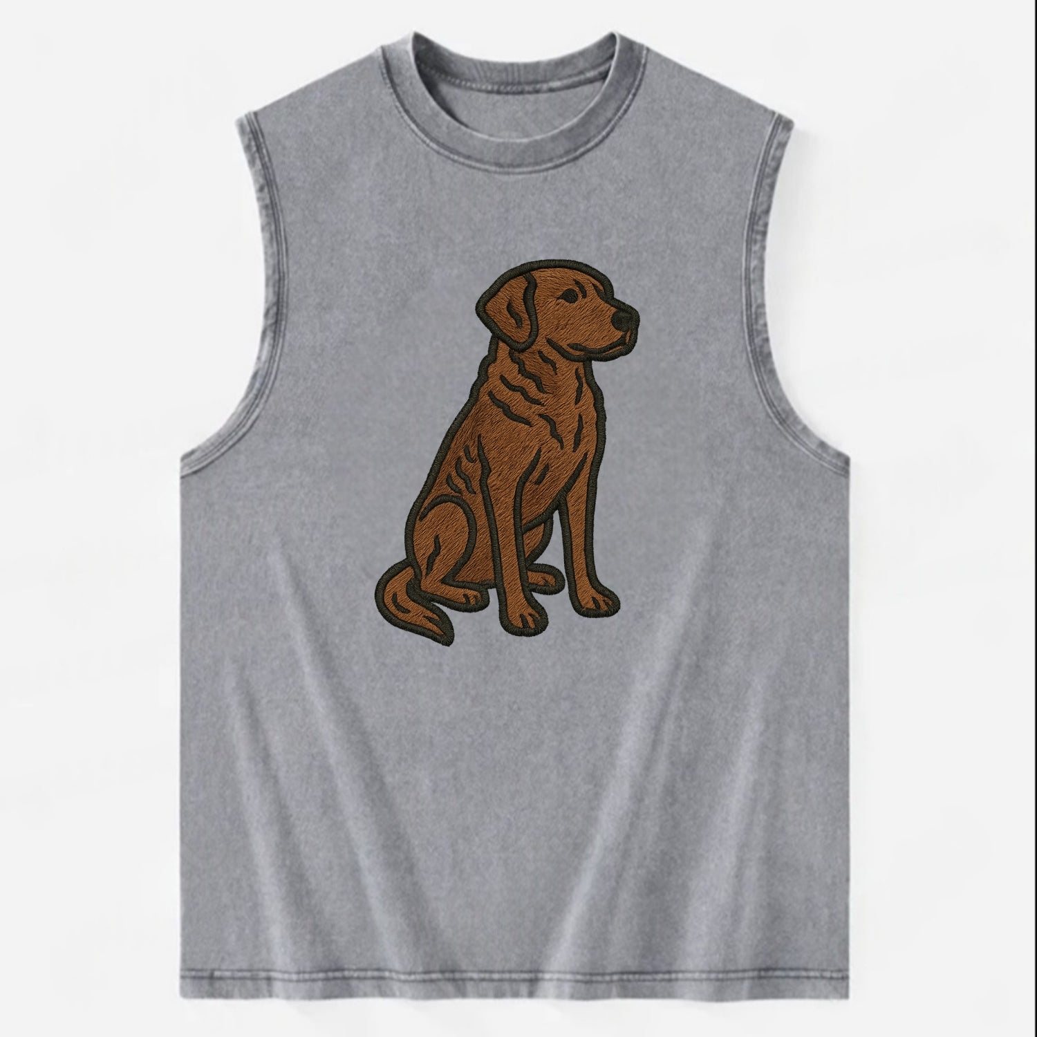 Chesapeake Bay Retriever - Brown wavy coat embroidered sitting pose - Vintage Washed Tank - Grey