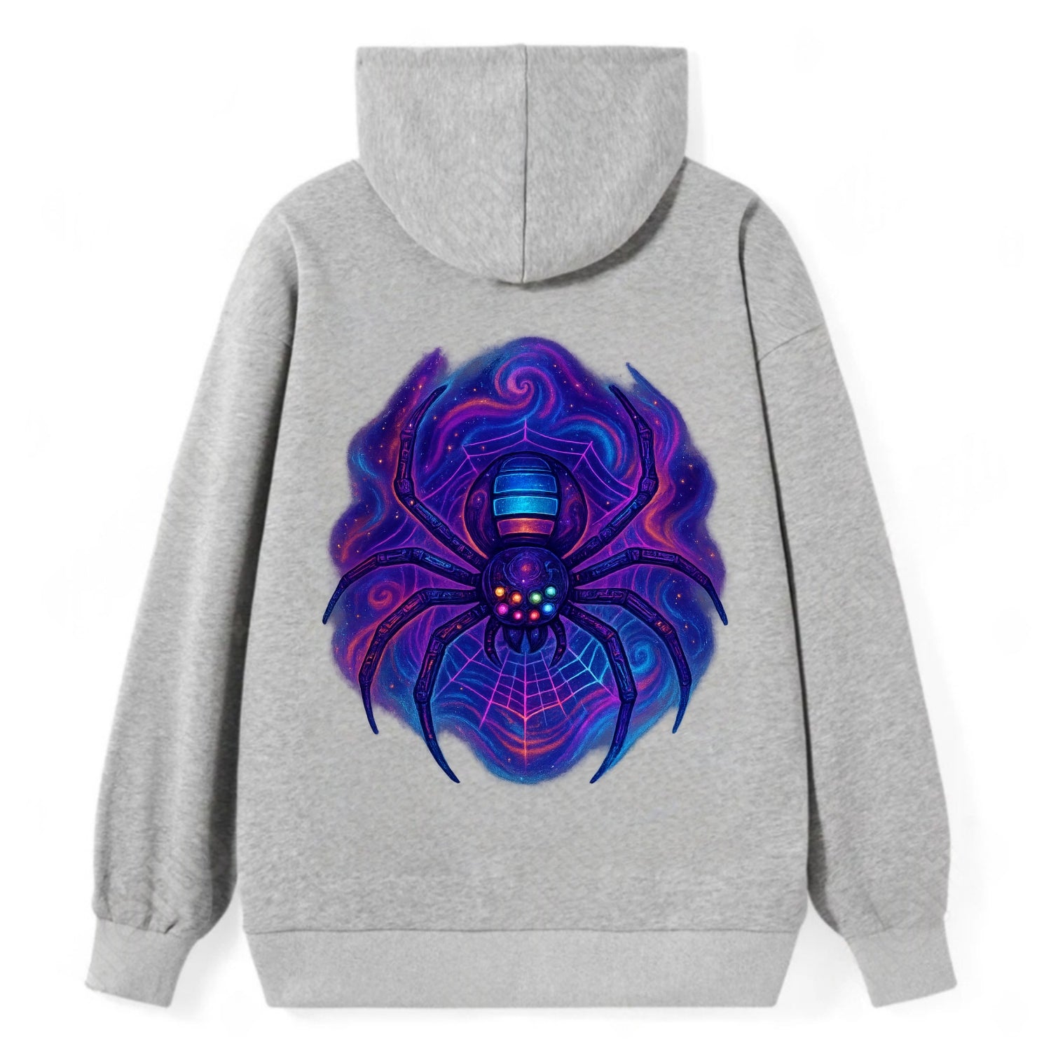 Tech spider with legs showing circuit board patterns, web glowing in neon - Classic Pullover Hoodie - Grey