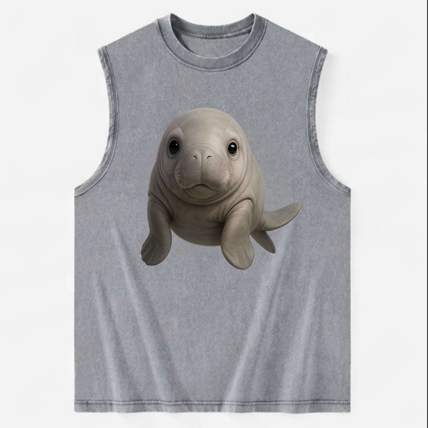 Baby Dugong - gray with paddle tail, gentle expression, whiskers, - Vintage Washed Tank - Grey