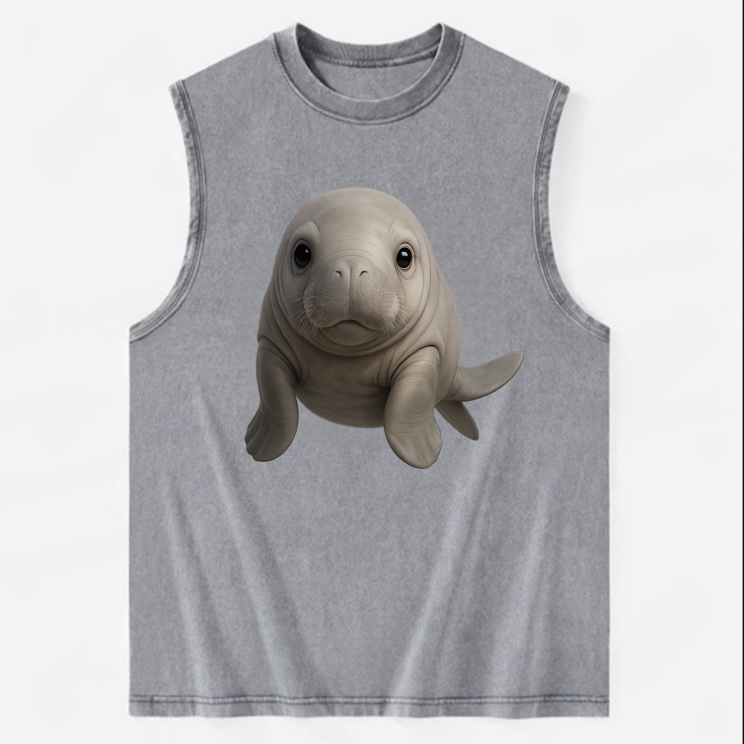 Baby Dugong - gray with paddle tail, gentle expression, whiskers, - Vintage Washed Tank - Grey