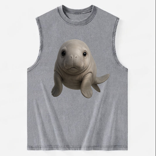 Baby Dugong - gray with paddle tail, gentle expression, whiskers, - Vintage Washed Tank - Grey