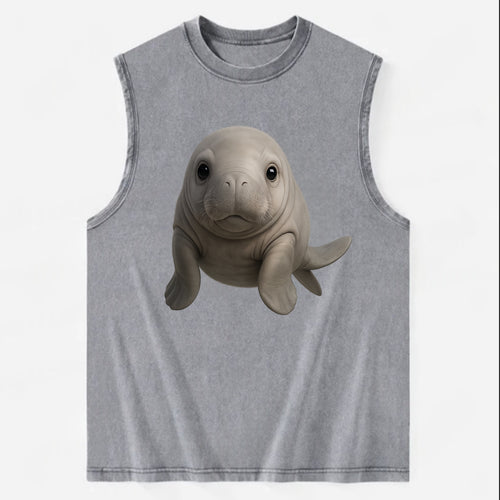 Baby Dugong - gray with paddle tail, gentle expression, whiskers, - Vintage Washed Tank