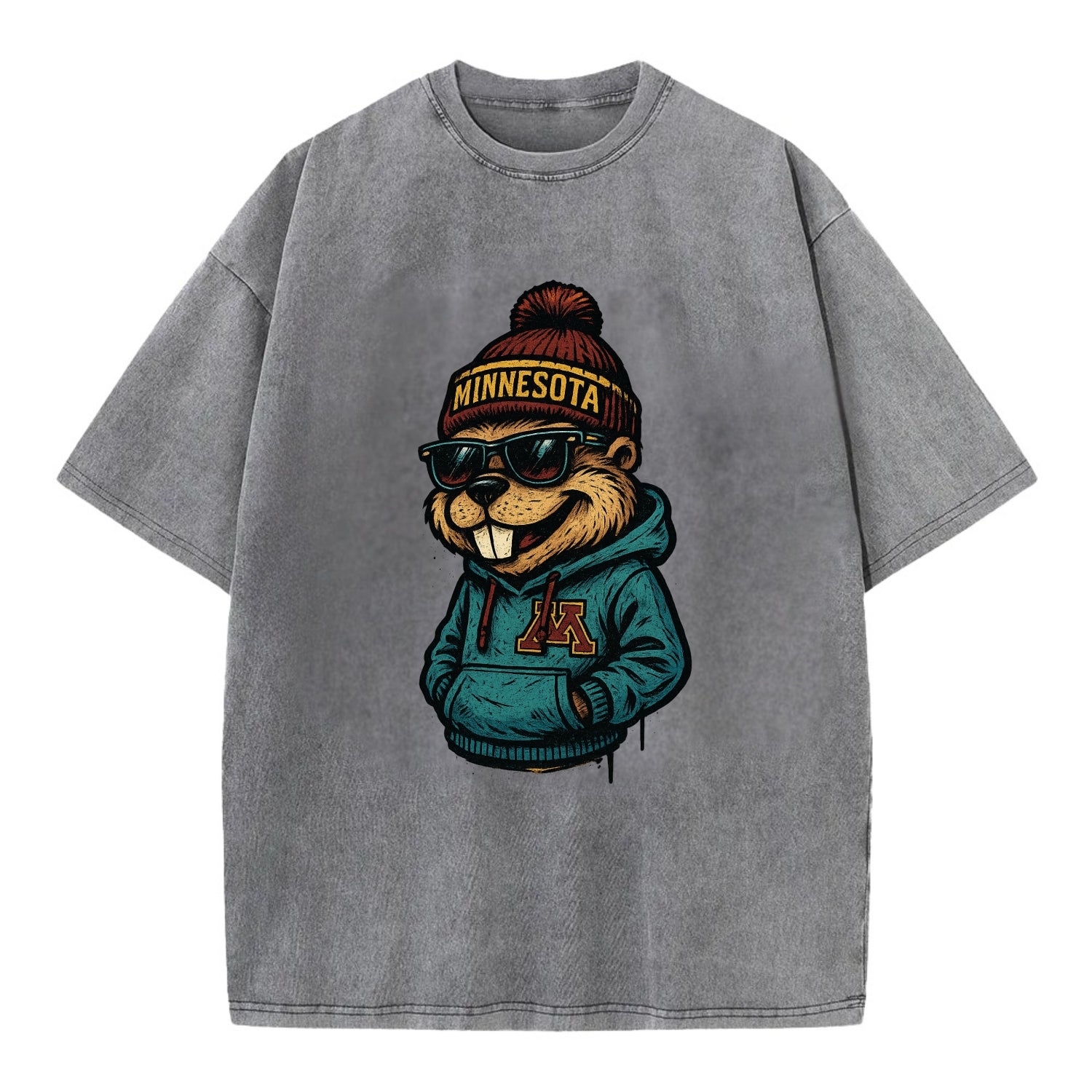 Minneapolis Gopher wearing Minnesota beanie with M patch - Vintage T-shirt - Grey