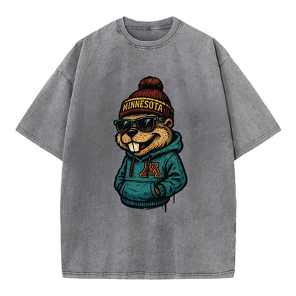 Minneapolis Gopher wearing Minnesota beanie with M patch - Vintage T-shirt - Grey