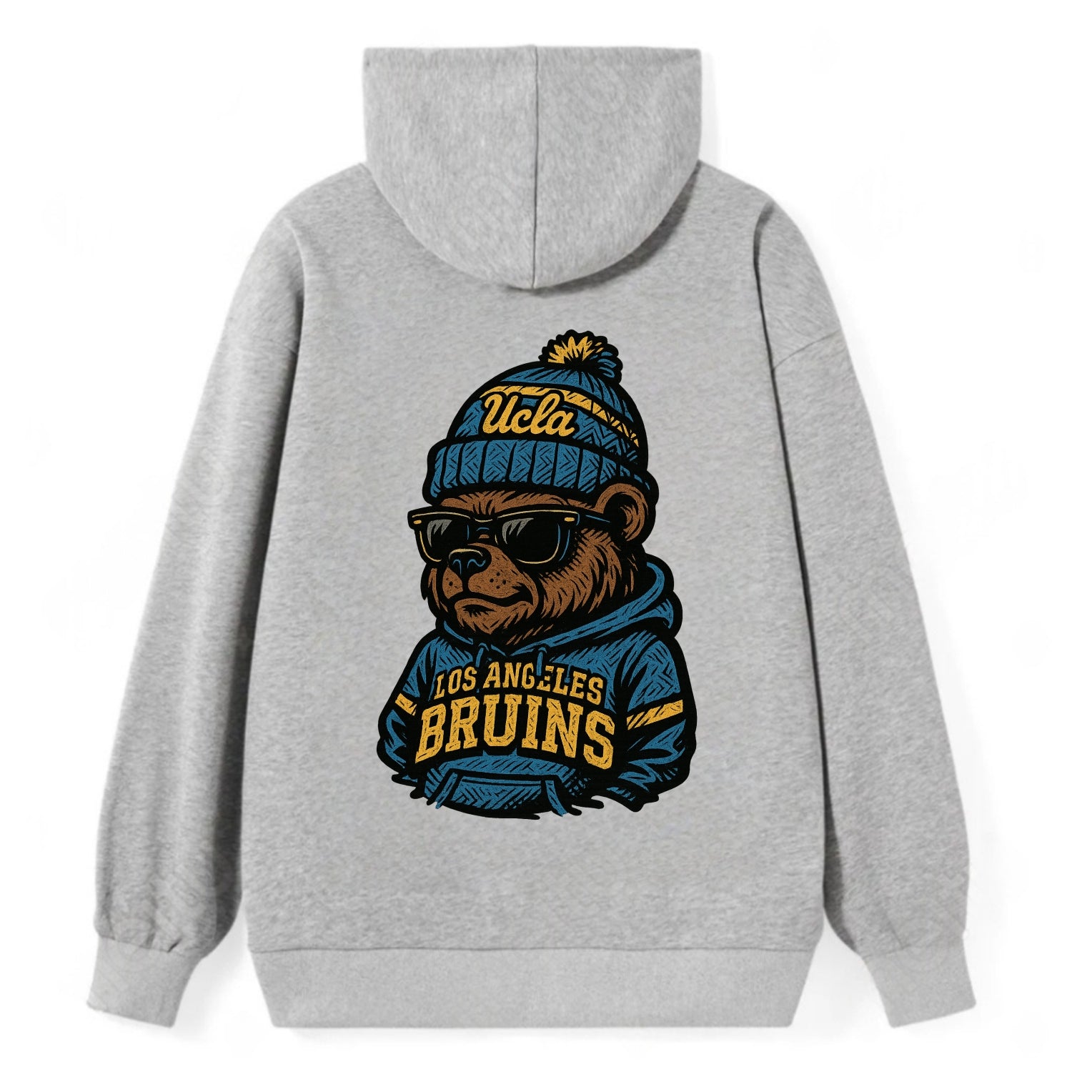 Los Angeles Bruin wearing UCLA beanie with script patch - Classic Pullover Hoodie - Grey