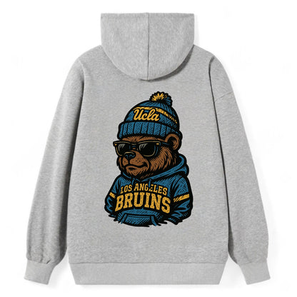 Los Angeles Bruin wearing UCLA beanie with script patch - Classic Pullover Hoodie - Grey