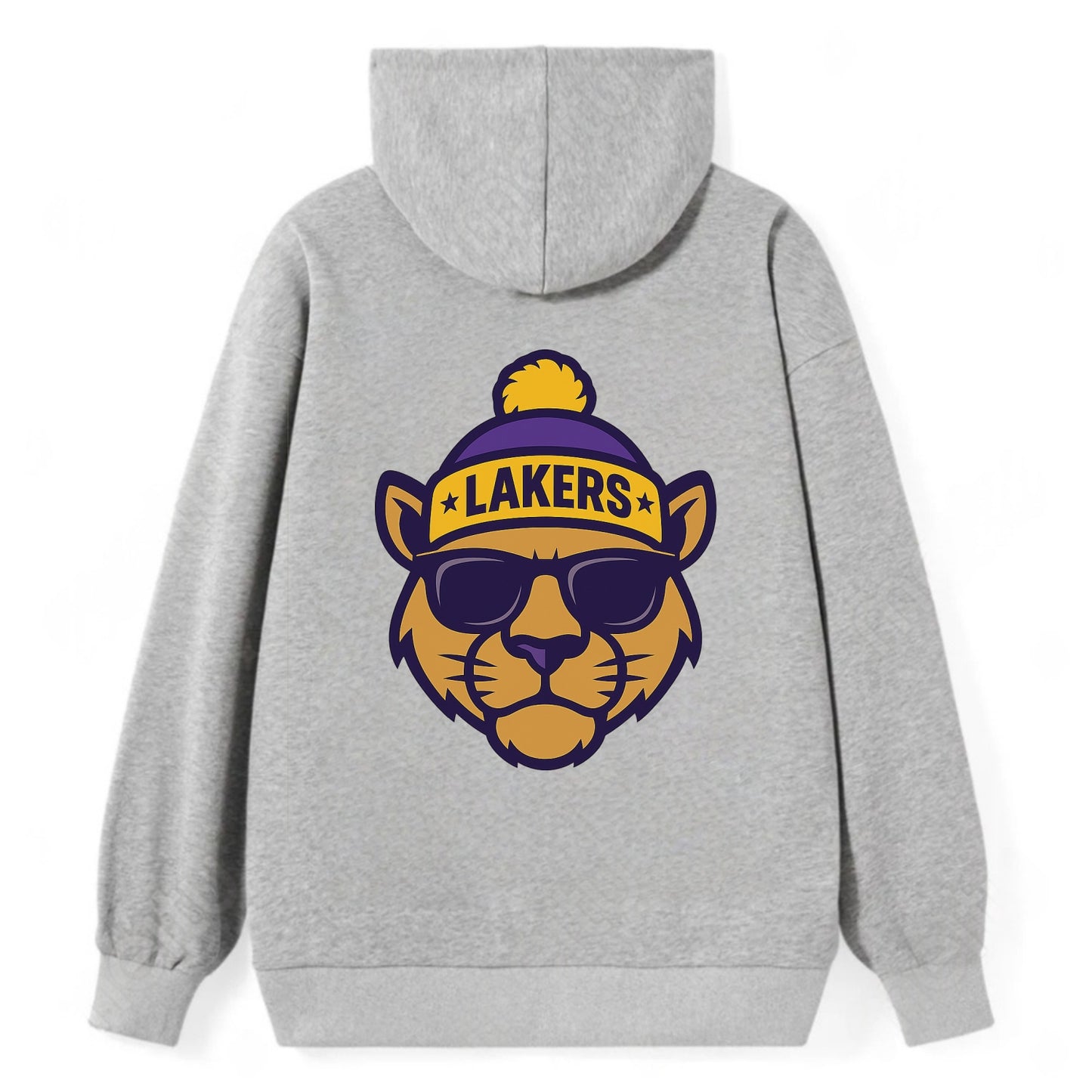 LA Mountain Lion wearing Lakers purple and gold beanie with championship - Classic Pullover Hoodie - Grey