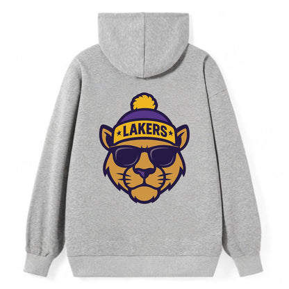 LA Mountain Lion wearing Lakers purple and gold beanie with championship - Classic Pullover Hoodie - Grey