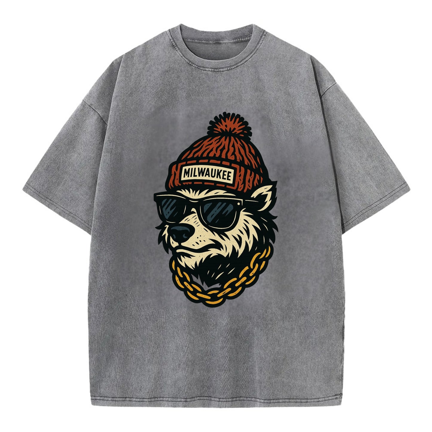 Milwaukee Badger wearing Milwaukee beanie with pom pom and wayfarer sunglasses - Vintage T-shirt - Grey