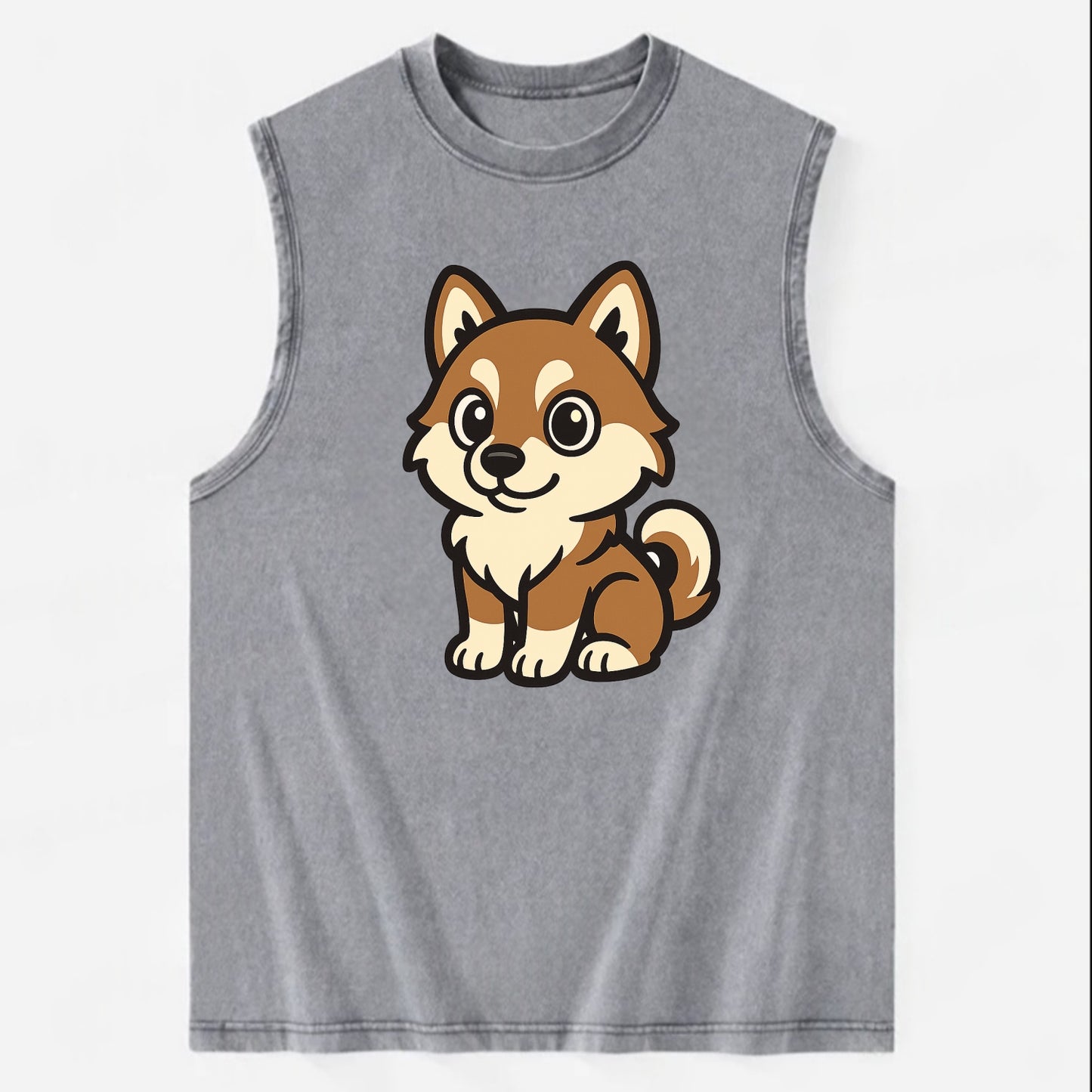 Pomsky - Pomeranian-Husky mix sitting pose - Vintage Washed Tank - Grey