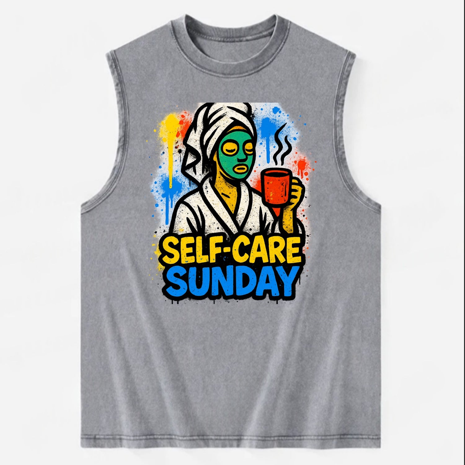 Person in bathrobe with face mask and tea - self-care Sunday ritual, wellness - Vintage Washed Tank - Grey