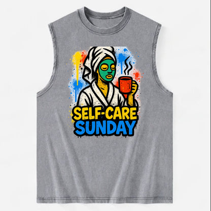 Person in bathrobe with face mask and tea - self-care Sunday ritual, wellness - Vintage Washed Tank - Grey