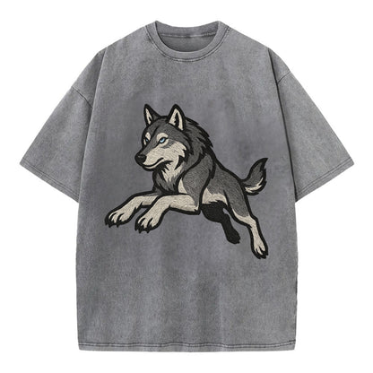 Wolf Leaping Action  - Vintage T-shirt - Grey