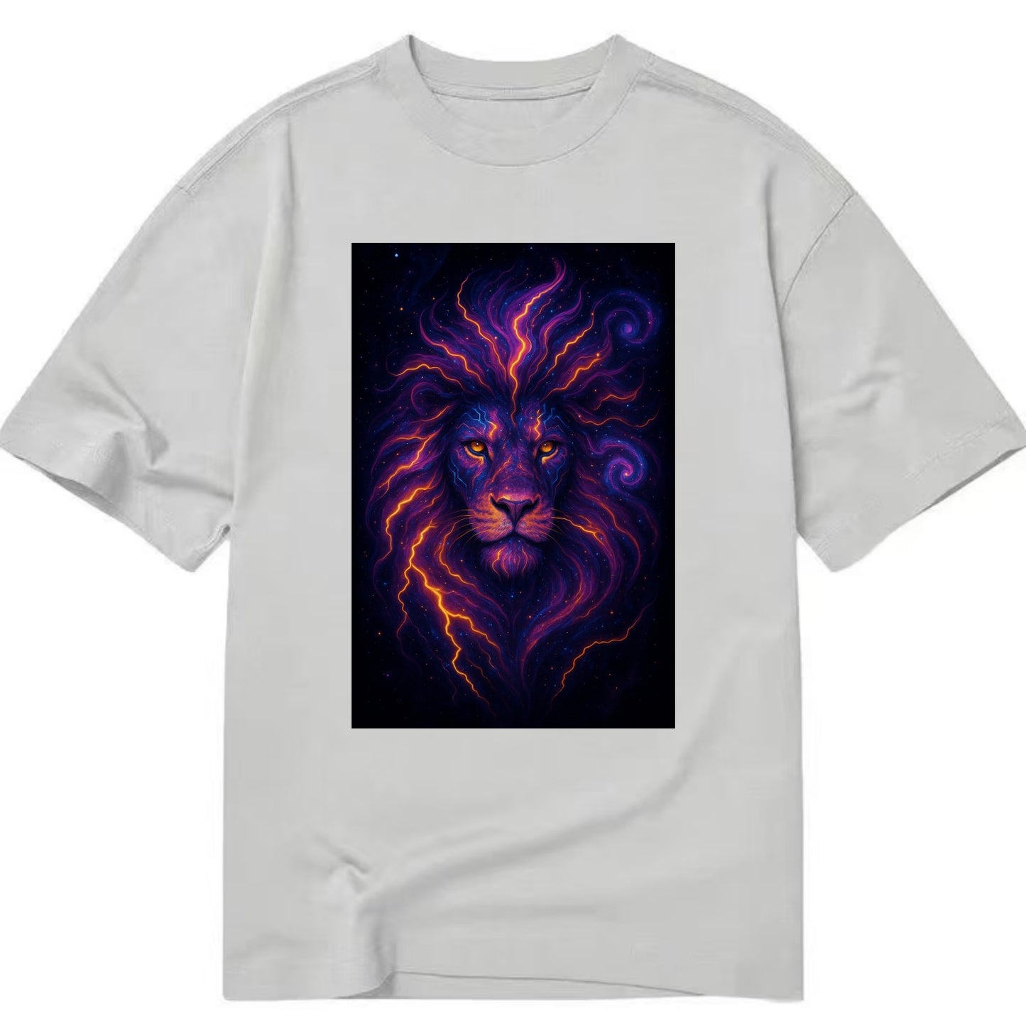 Regal lion with mane made of electric currents, neon yellow and hot pink energy - Classic T-shirt - Grey
