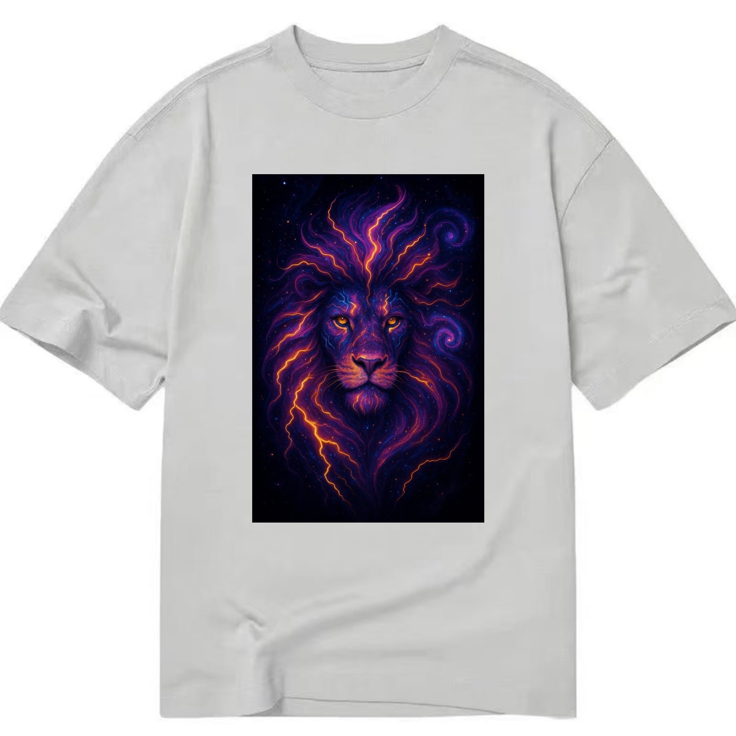 Regal lion with mane made of electric currents, neon yellow and hot pink energy - Classic T-shirt - Grey