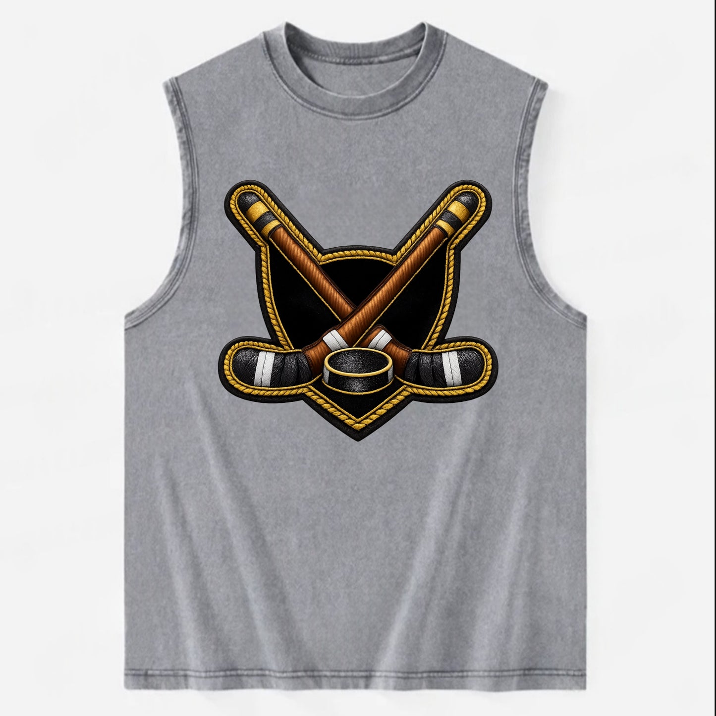 Embroidered patch design - HOCKEY CROSSED STICKS - ice hockey sticks with - Vintage Washed Tank - Grey