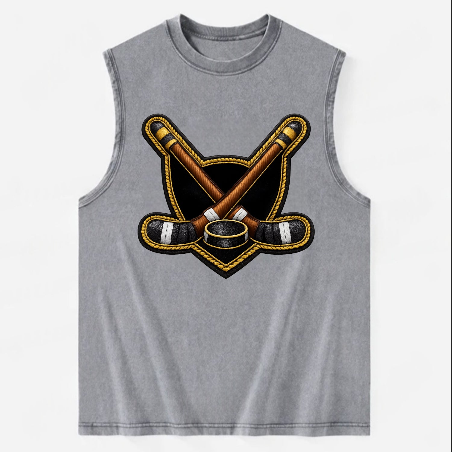 Embroidered patch design - HOCKEY CROSSED STICKS - ice hockey sticks with - Vintage Washed Tank - Grey