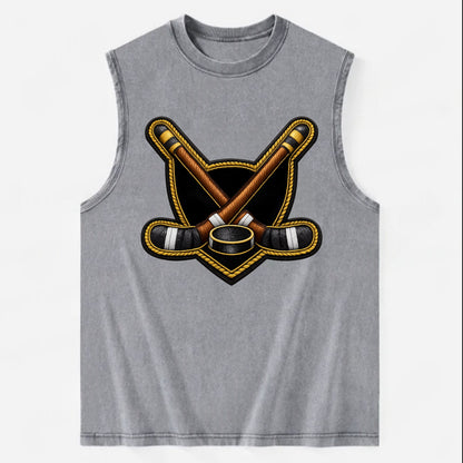 Embroidered patch design - HOCKEY CROSSED STICKS - ice hockey sticks with - Vintage Washed Tank - Grey