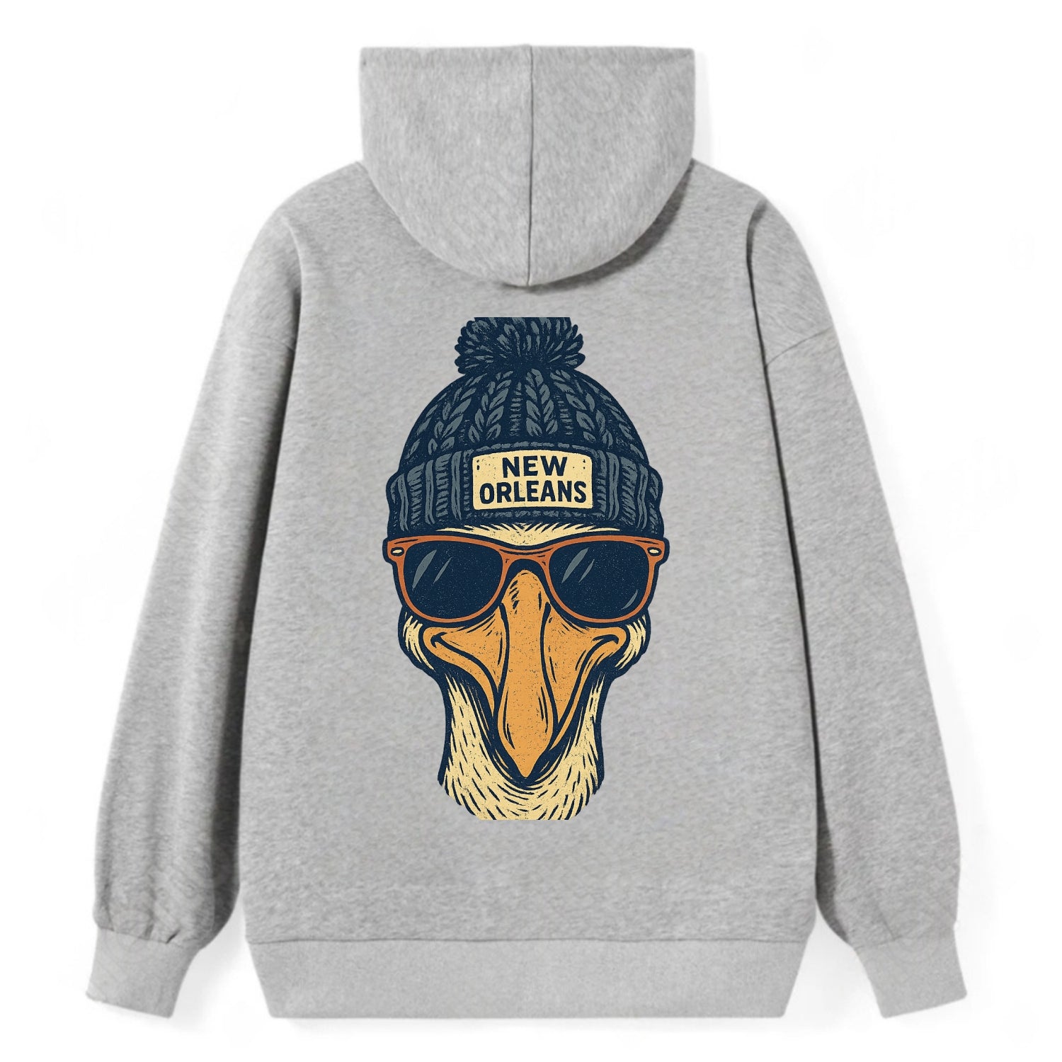 New Orleans Pelican wearing New Orleans beanie with pom pom and wayfarer - Classic Pullover Hoodie - Grey