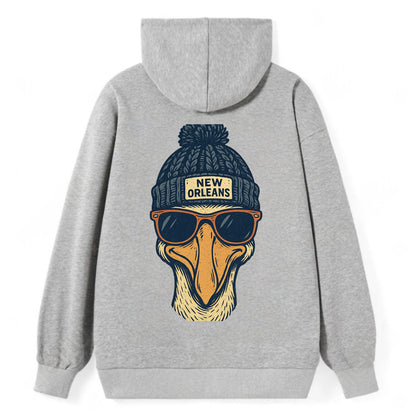 New Orleans Pelican wearing New Orleans beanie with pom pom and wayfarer - Classic Pullover Hoodie - Grey