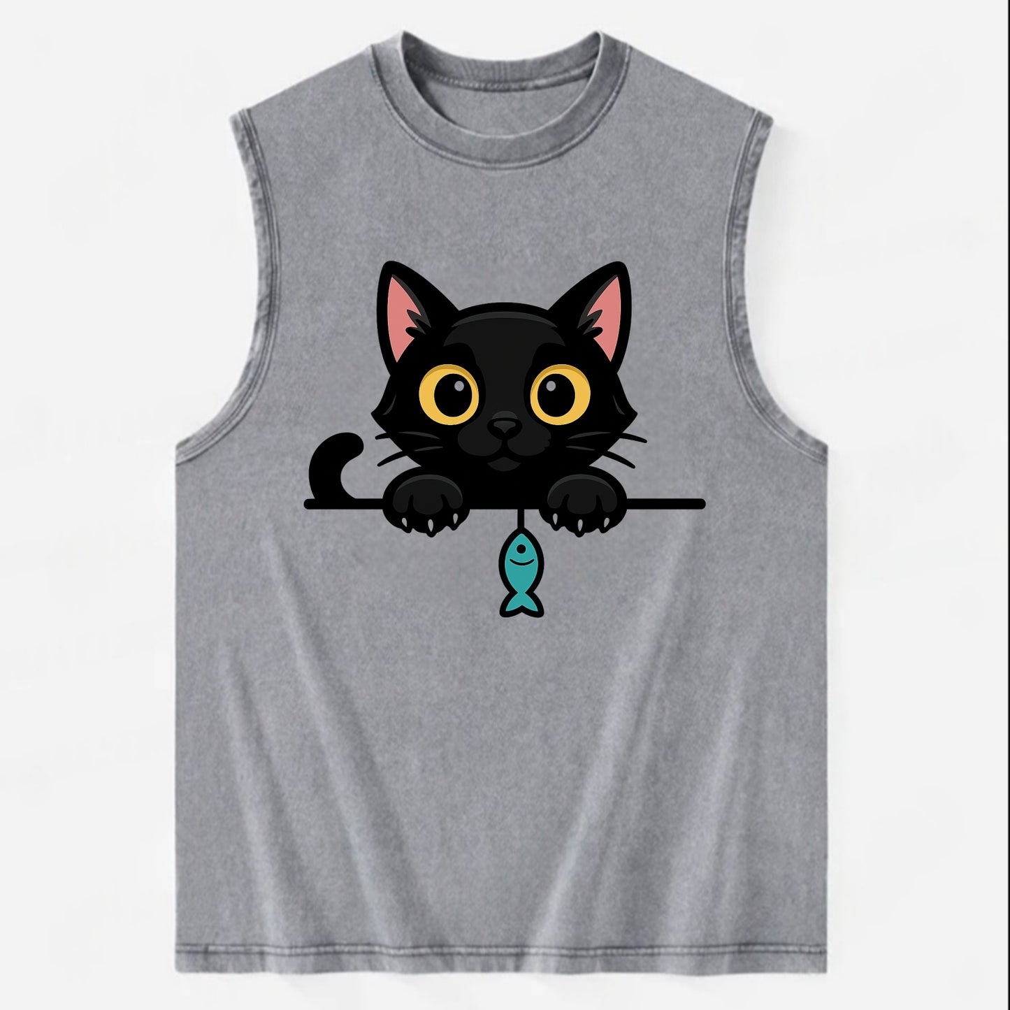 Midnight the black cat holding a tiny yarn ball between both paws while - Vintage Washed Tank - Grey