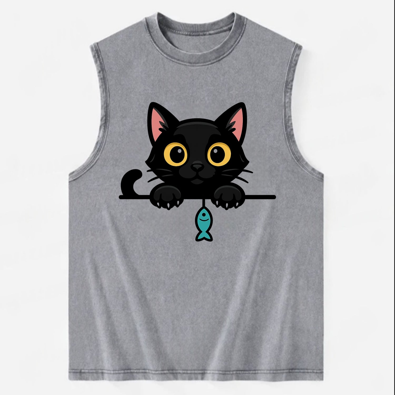 Midnight the black cat holding a tiny yarn ball between both paws while - Vintage Washed Tank - Grey