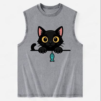 Midnight the black cat holding a tiny yarn ball between both paws while - Vintage Washed Tank - Grey