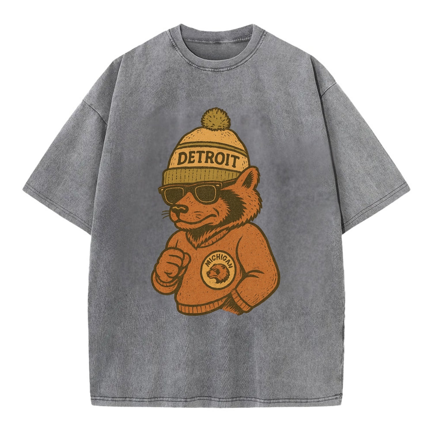 Michigan Wolverine wearing Detroit beanie with pom pom and wayfarer sunglasses - Vintage T-shirt - Grey